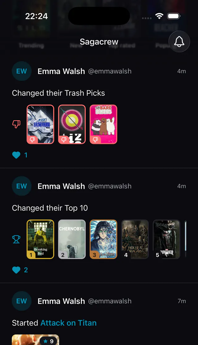 O feed: as novas Trash Picks e o novo Top 10 de um amigo, com os gostos que receberam.