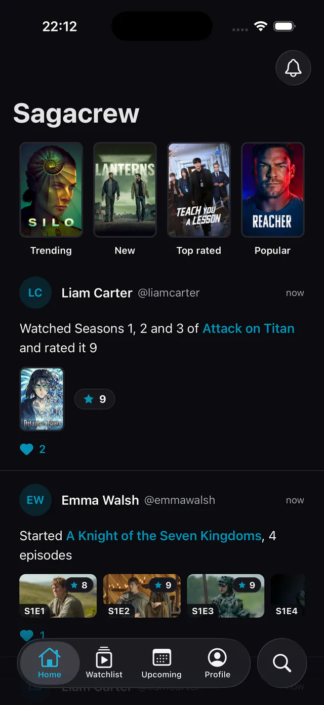 O Início do Sagacrew: as séries em alta, as novidades, as melhores e as populares por cima do feed, onde um amigo viu três temporadas de Attack on Titan e avaliou a série com 9.