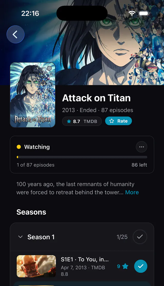 A página de uma série: a avaliação, o teu progresso e todos os episódios da temporada 1, cada um com a sua avaliação.