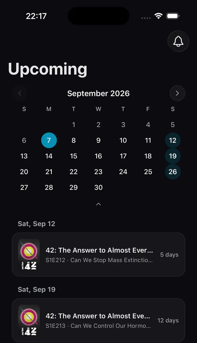 A Agenda: o calendário de um mês e os próximos episódios das tuas séries, dia a dia.